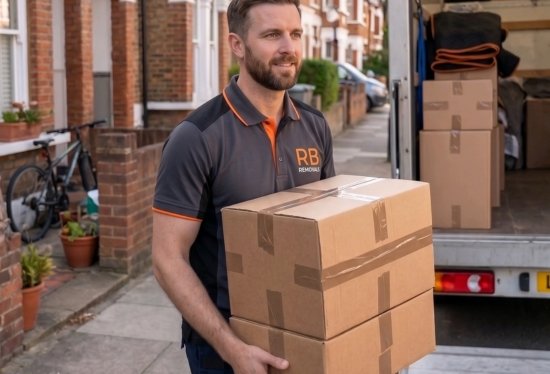 Uniformed RB Removals team member safely carrying a securely packed moving box during a Blackpool house removal.