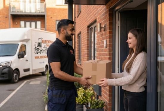 A happy customer receiving their belongings from a trusted cheap man and van driver.