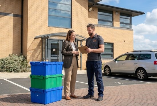Professional move coordinator planning a strategic, minimal-downtime office move with a local business owner.