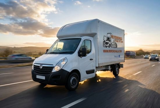 A uniformed RB Removals professional safely loading a moving box into a dedicated transport van for a long-distance UK relocation.