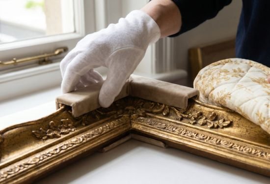 Precision packing of an ornate gilt antique frame by specialist fine art movers from RB Removals.