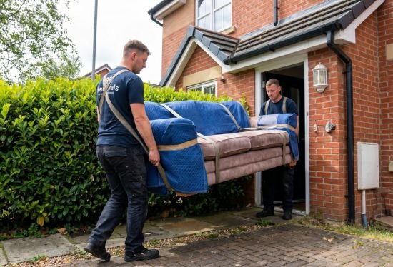 Professional movers safely navigating a heavy sofa through a doorway during a single item transport job.