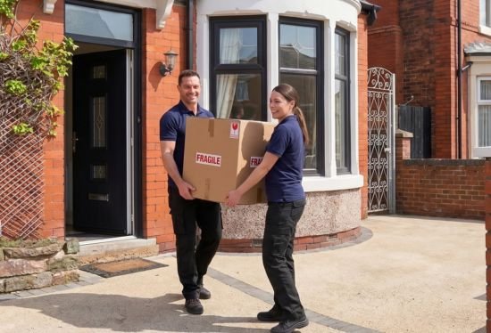 Professional RB Removals team safely carrying boxes out of a residential property during a Blackpool house move.