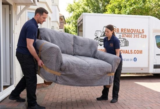 Professional RB Removals team safely carrying wrapped furniture out of a residential property during a Lytham St Annes house move.