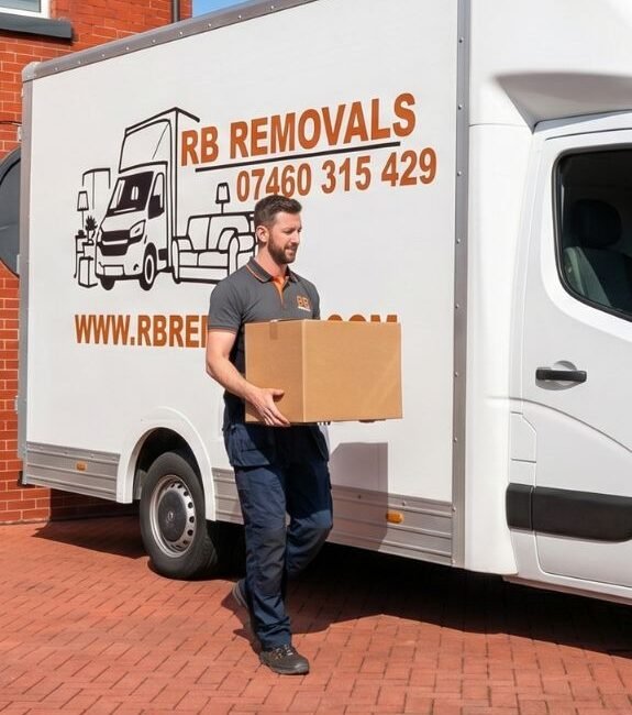 A professional RB Removals man and van service parked outside a residential flat in Blackpool, ready for a local move.