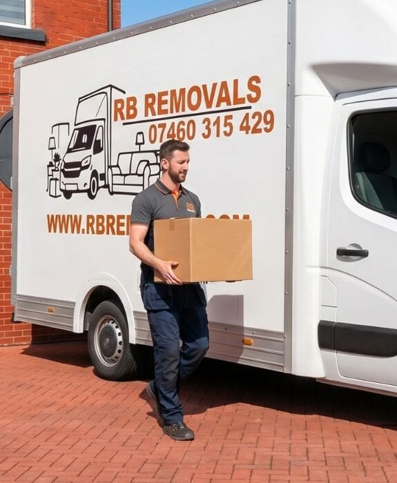 A professional RB Removals man and van service parked outside a residential flat in Blackpool, ready for a local move.