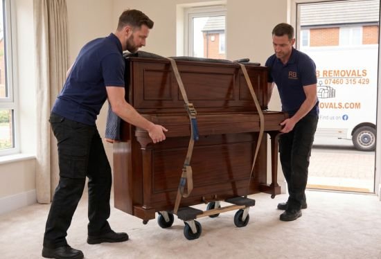 Specialist item removals from RB Removals using a dolly to safely transport an upright piano across a home.