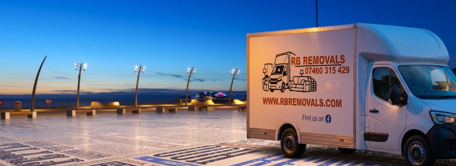 Branded RB Removals van parked on the promenade in front of the Blackpool Tower, providing professional moving services across the Fylde Coast.