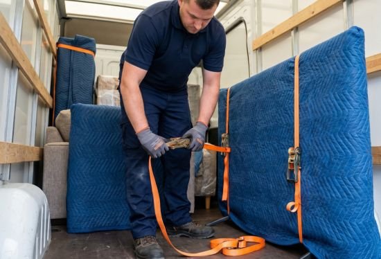 RB Removals professional securely strapping blanket-wrapped furniture inside the van for a safe local move in Blackpool.