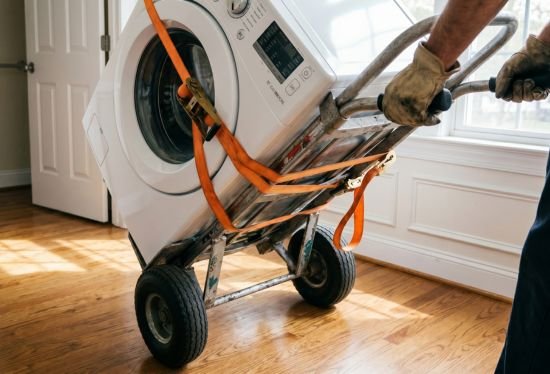 A heavy washing machine securely strapped to a professional appliance dolly for safe, damage-free transport.