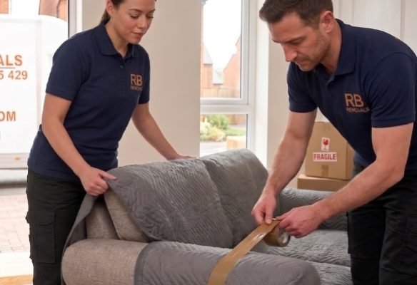 Uniformed RB Removals professionals carefully wrapping and protecting a customer's furniture during a house move.